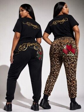 2 ED HARDY Womens 2X Joggers BUNDLE LEOPARD & BLACK Tattoo Sweatpants NWT